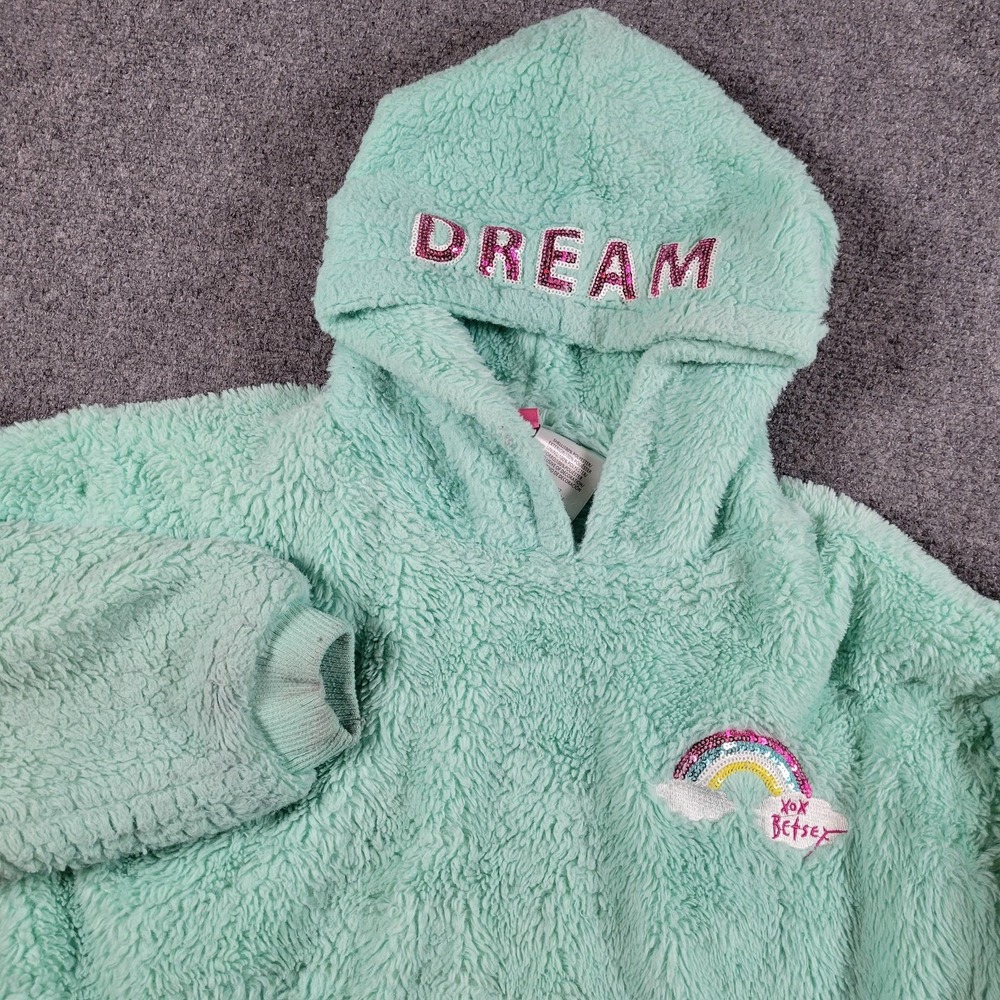 Betsey Johnson Hoodie Girls M Green Fuzzy Sherpa Fleece Rainbow Dream Pullover
